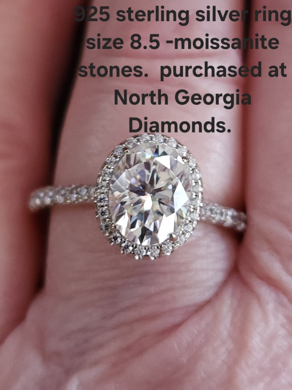 Sterling Silver Oval Halo Ring with Clear Moissanite Center